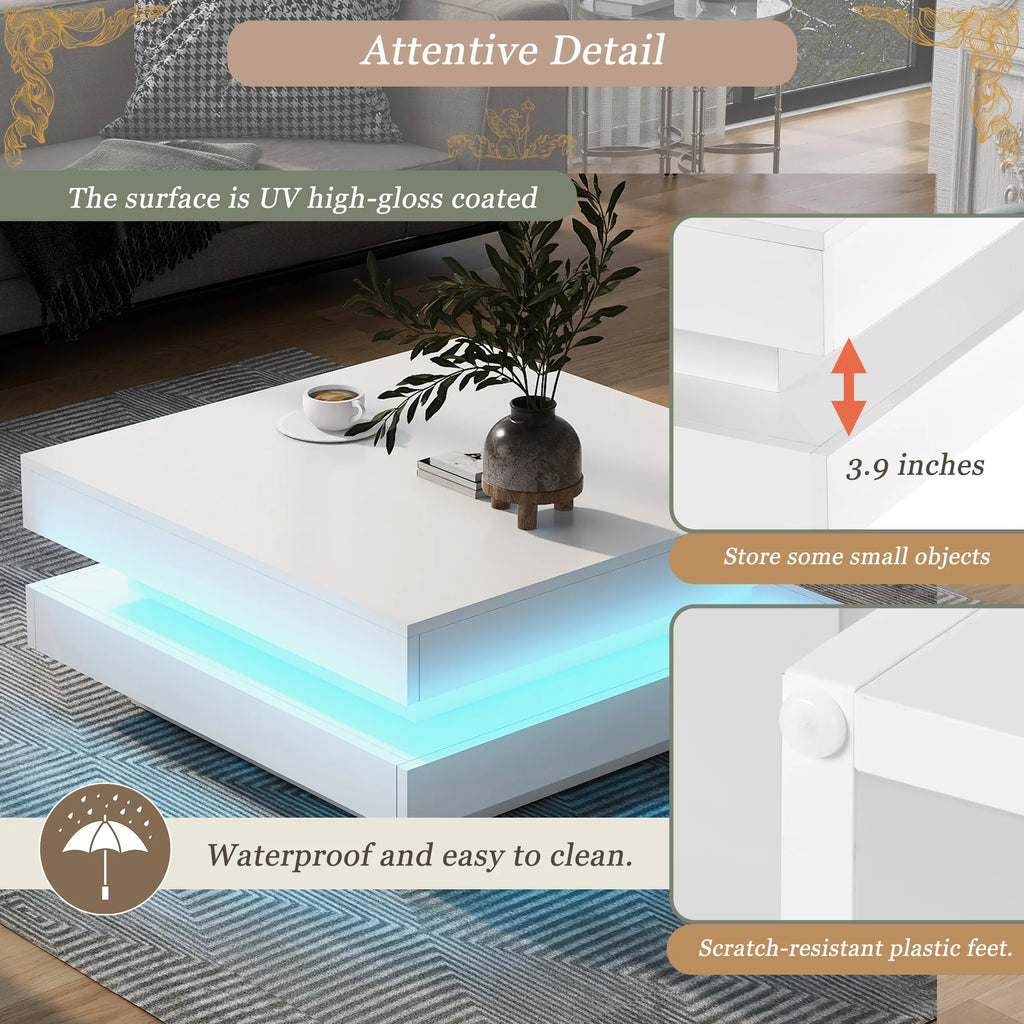 31.5" 2-Tier Square LED Coffee Table White High Gloss Finish I88246