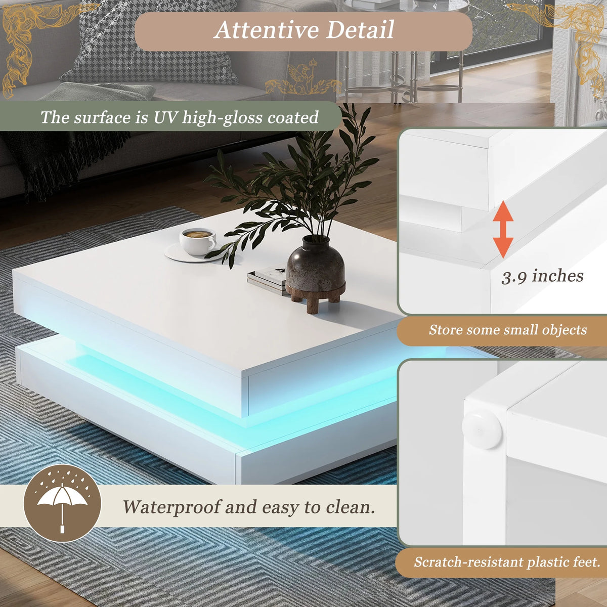 31.5" 2-Tier Square LED Coffee Table White High Gloss Finish I88246