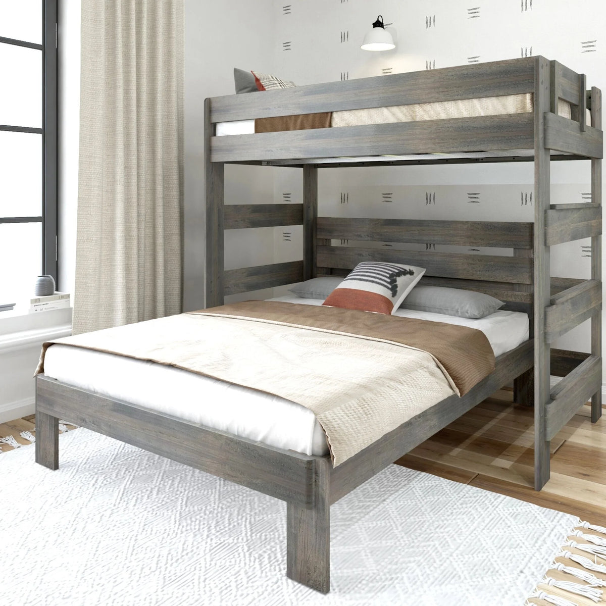 Solid Wood Twin over Queen L-Shaped Bunk Bed L614