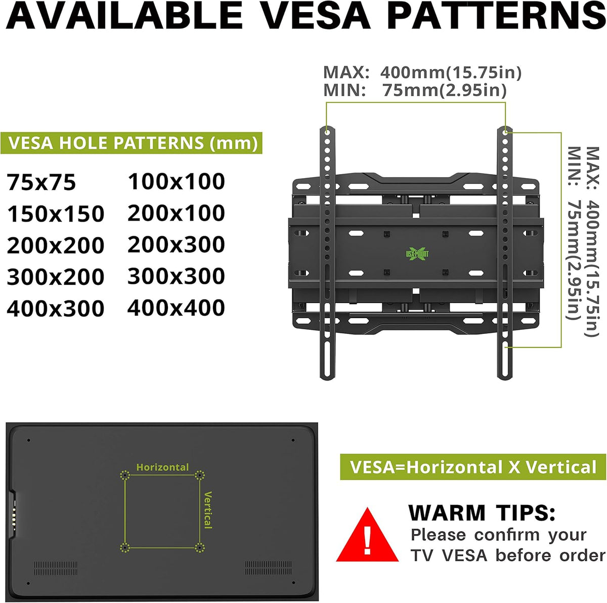 Full Motion TV Wall Mount for 32-65 inch Flat Screen TVs, Max VESA 400x400mm, Holds up to 110lbs, Pack of 2 N7585