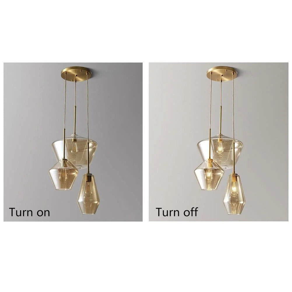 Vintage Glass 3 Light Pendant Lamp Adjustable Height Gold Finish O35990