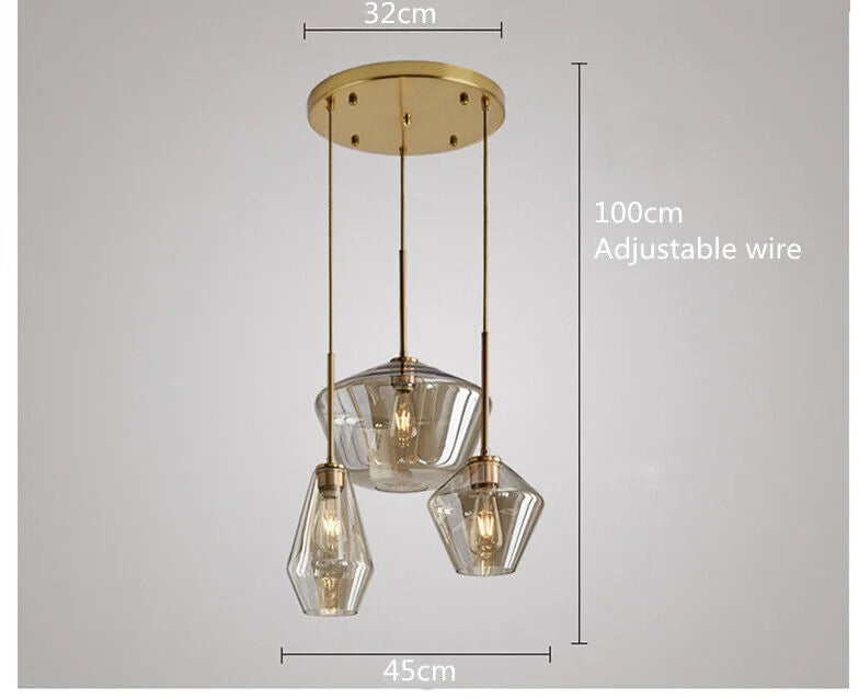 Vintage Glass 3 Light Pendant Lamp Adjustable Height Gold Finish O35990