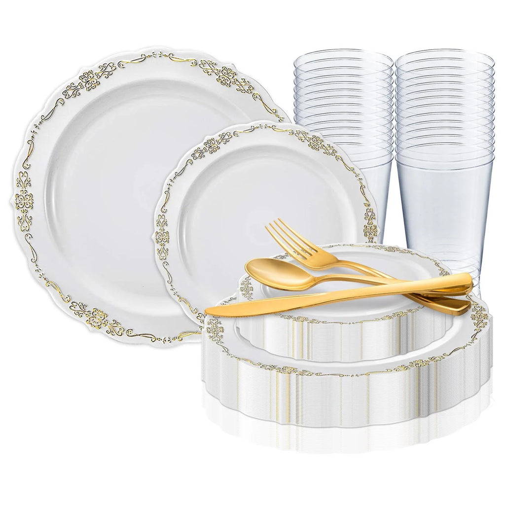White Gold Disposable Plastic Wedding Value Set (60 Guests) I8534