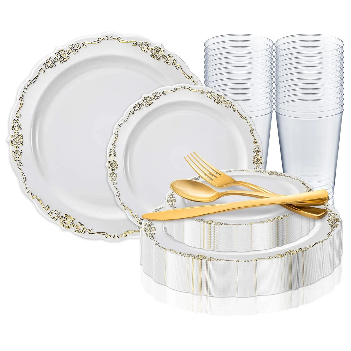 White Gold Disposable Plastic Wedding Value Set (60 Guests) I8534