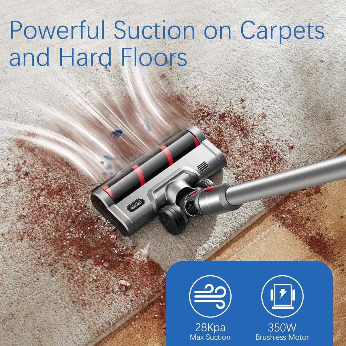 Cordless Stick Vacuum Cleaner 28KPA 3 in 1 Lightweight with LED Headlights Detachable Battery D7521