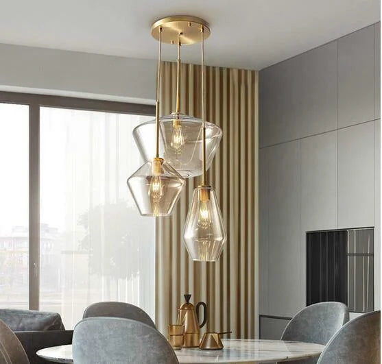 Vintage Glass 3 Light Pendant Lamp Adjustable Height Gold Finish O35990