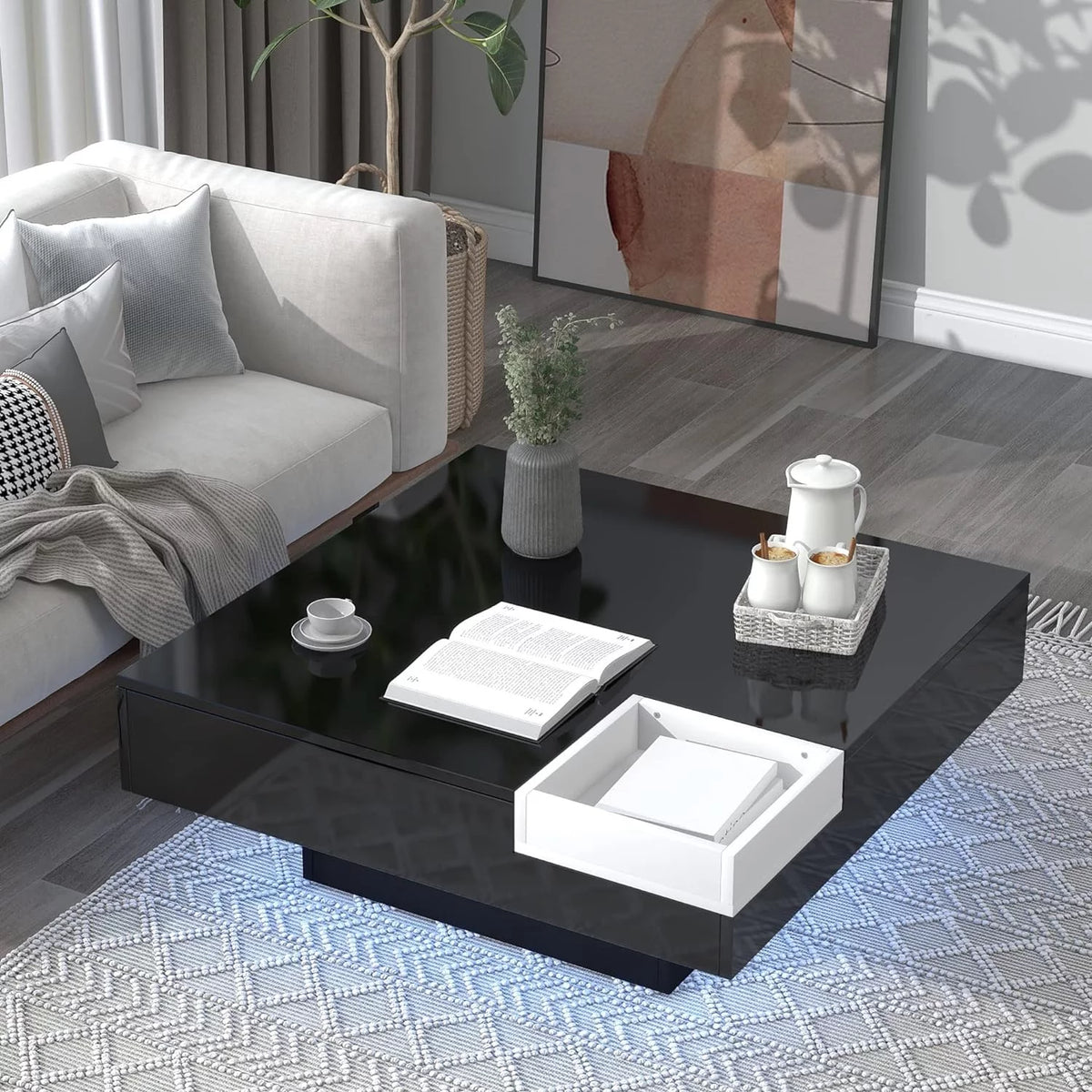 Black Square Coffee Table with Tray and LED Lights C809088