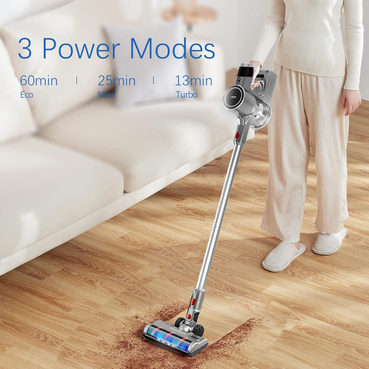 Cordless Stick Vacuum Cleaner 28KPA 3 in 1 Lightweight with LED Headlights Detachable Battery D7521