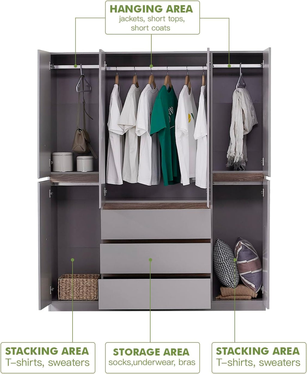 Gray 4-Door 3 Drawer Wooden Armoire Wardrobe M8023