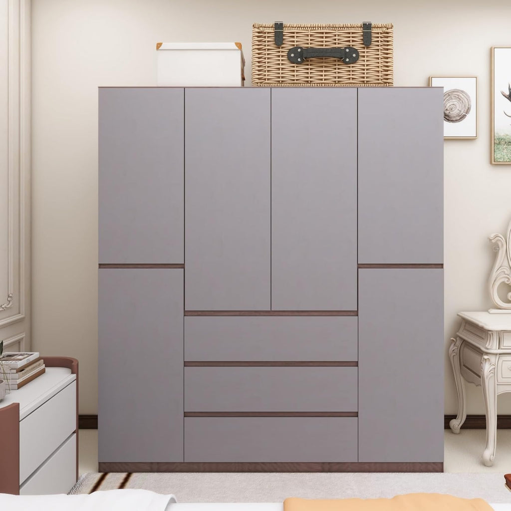 Gray 4-Door 3 Drawer Wooden Armoire Wardrobe M8023