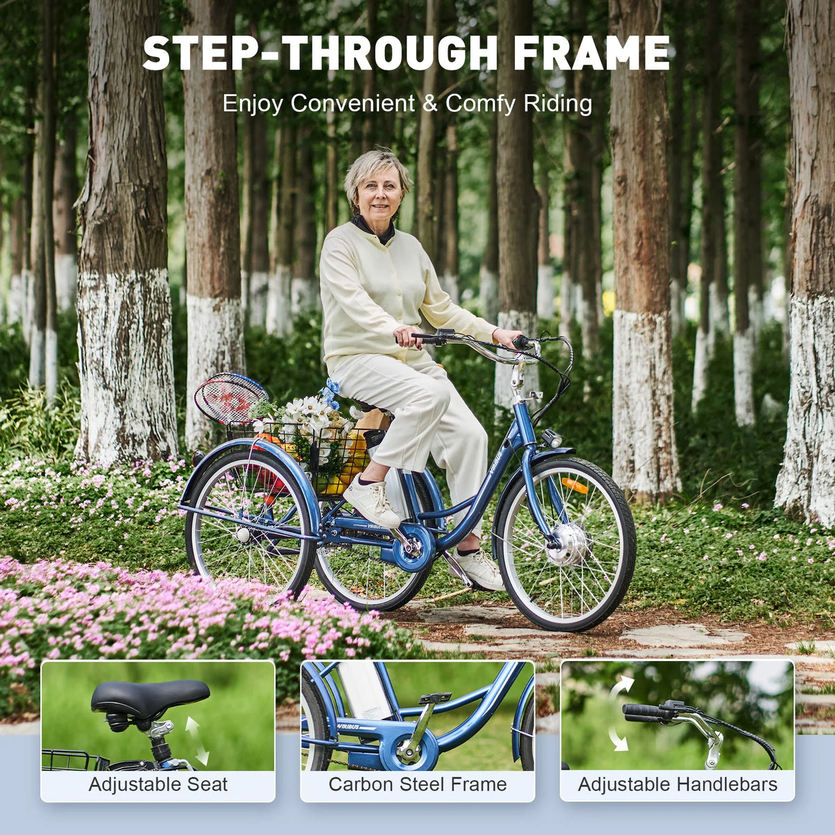 26" 350W Electric Tricycle with Basket 36V 10Ah Navy F2278