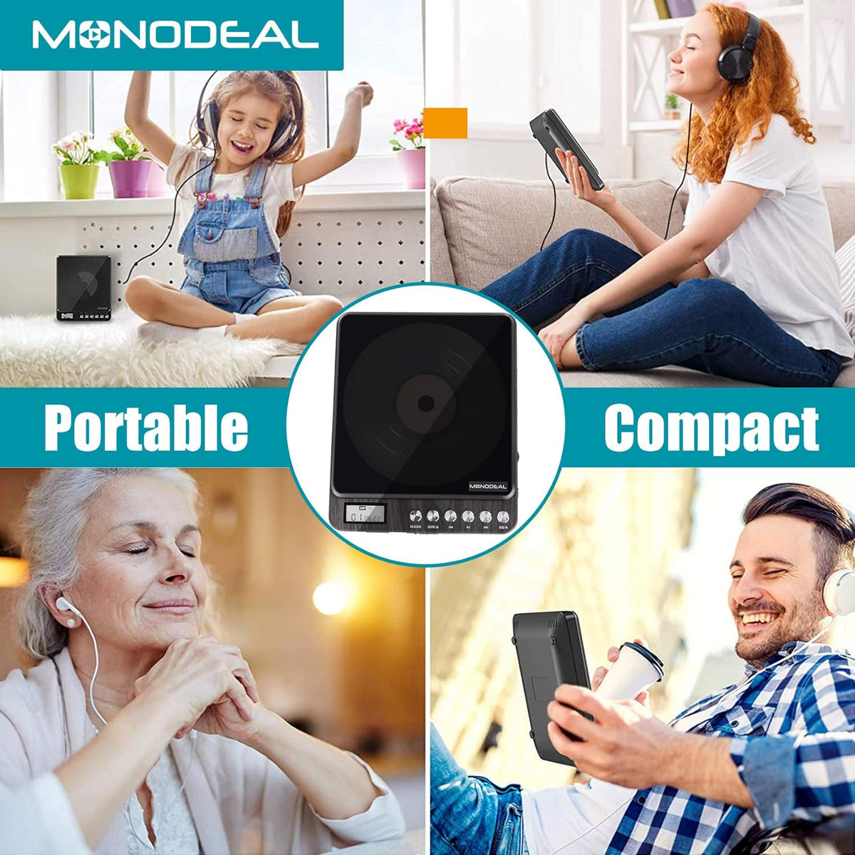 Portable Rechargeable CD Player with Dual Headphones Jack, Dark Brown, Pack of 2 X814349