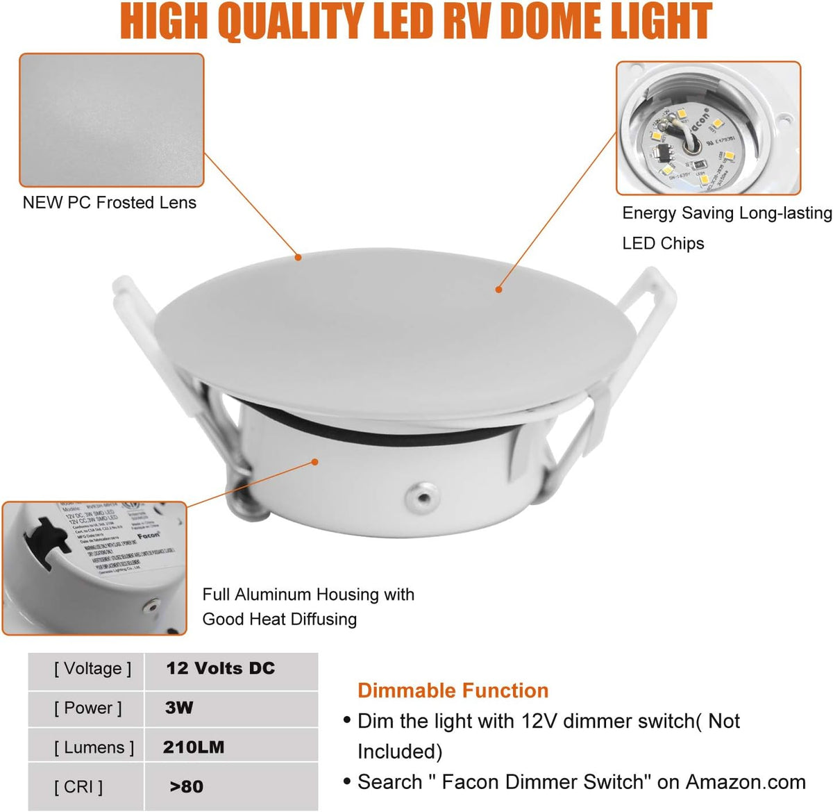 3 Inch LED RV Puck Light Full Aluminum Recessed Mount Down Light 12V Interior Light 4000K Cool White 6 Packs V80889