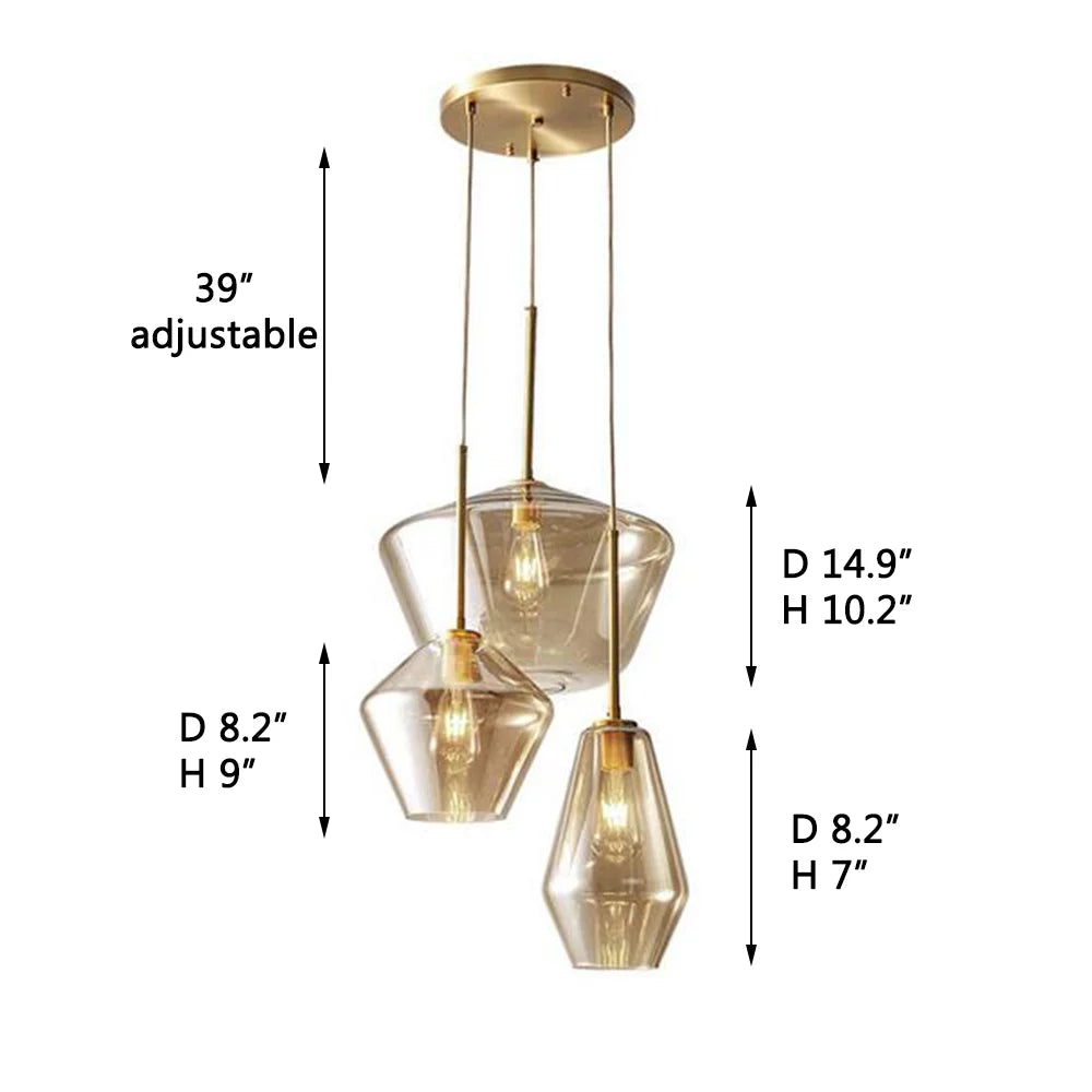 Vintage Glass 3 Light Pendant Lamp Adjustable Height Gold Finish O35990