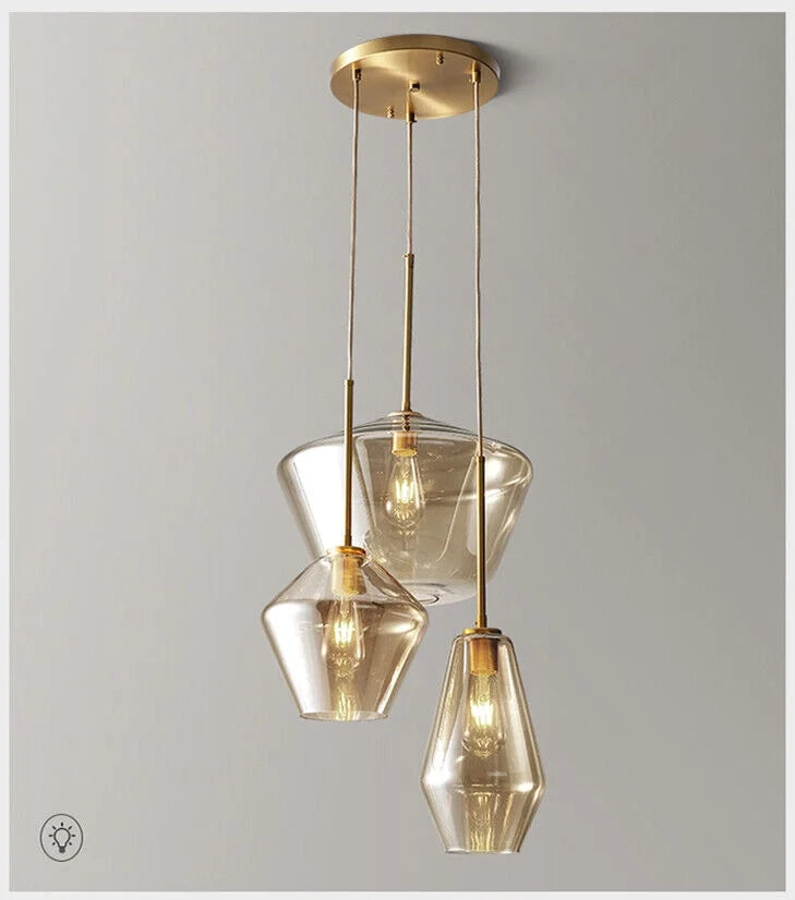 Vintage Glass 3 Light Pendant Lamp Adjustable Height Gold Finish O35990